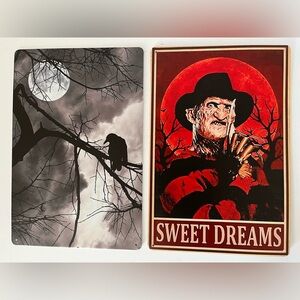 NWT Halloween Metal Signs Set of Two Freddy Sweet Dreams and Raven Moon 11.75”
